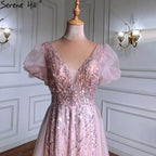 Pink Luxury Overskirt Evening Dresses Gowns Beaded Puffy Short Sleeves 2025 For Women Party LA71361
