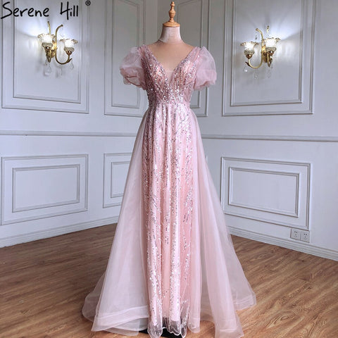 Vestidos de noche de lujo en rosa con sobrefalda, con cuentas y mangas cortas abullonadas (2025) para mujer, fiesta LA71361 