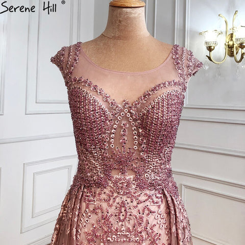 Vestido de noche rosa de lujo con sobrefalda, corte sirena, encaje con cuentas y cristales, para mujer, fiesta, LA71080 