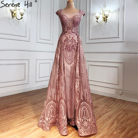 Vestido de noche rosa de lujo con sobrefalda, corte sirena, encaje con cuentas y cristales, para mujer, fiesta, LA71080 
