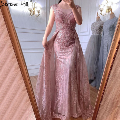 Vestido de noche rosa de lujo con sobrefalda, corte sirena, encaje con cuentas y cristales, para mujer, fiesta, LA71080 