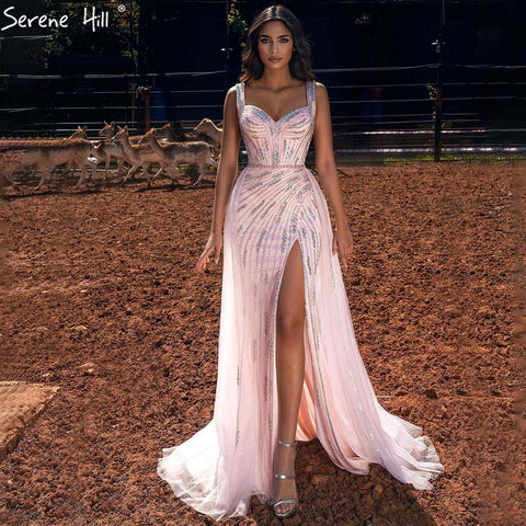 Vestidos de noche de lujo de sirena rosa, elegantes vestidos de noche con cuentas y abertura alta para mujer, para fiesta LA71373 