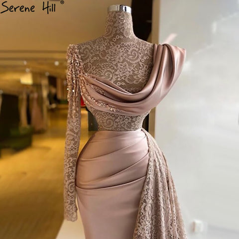Vestido de noche de sirena rosa con un solo hombro, elegante, con encaje y cuentas, para mujer, fiesta, LA71297 