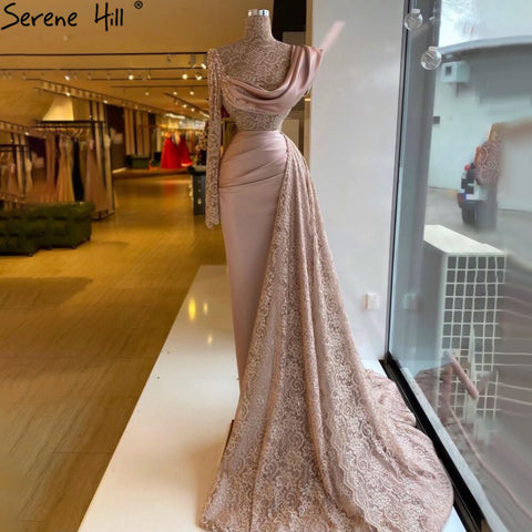Vestido de noche de sirena rosa con un solo hombro, elegante, con encaje y cuentas, para mujer, fiesta, LA71297 