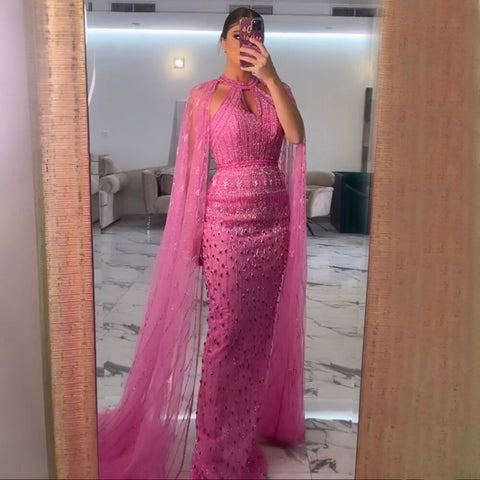 Luxury Dubai Mermaid Fuchsia Evening Dresses with Cape Sleeves LA71817