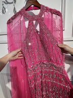 Luxury Dubai Mermaid Fuchsia Evening Dresses with Cape Sleeves LA71817