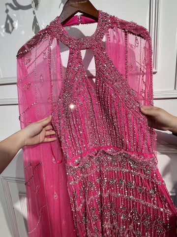 Luxury Dubai Mermaid Fuchsia Evening Dresses with Cape Sleeves LA71817