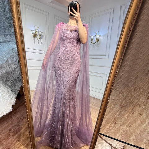 Vestido de noche elegante de sirena rosa con mangas estilo capa, 2025, plumas de lujo con cuentas para mujer, fiesta LA71709 
