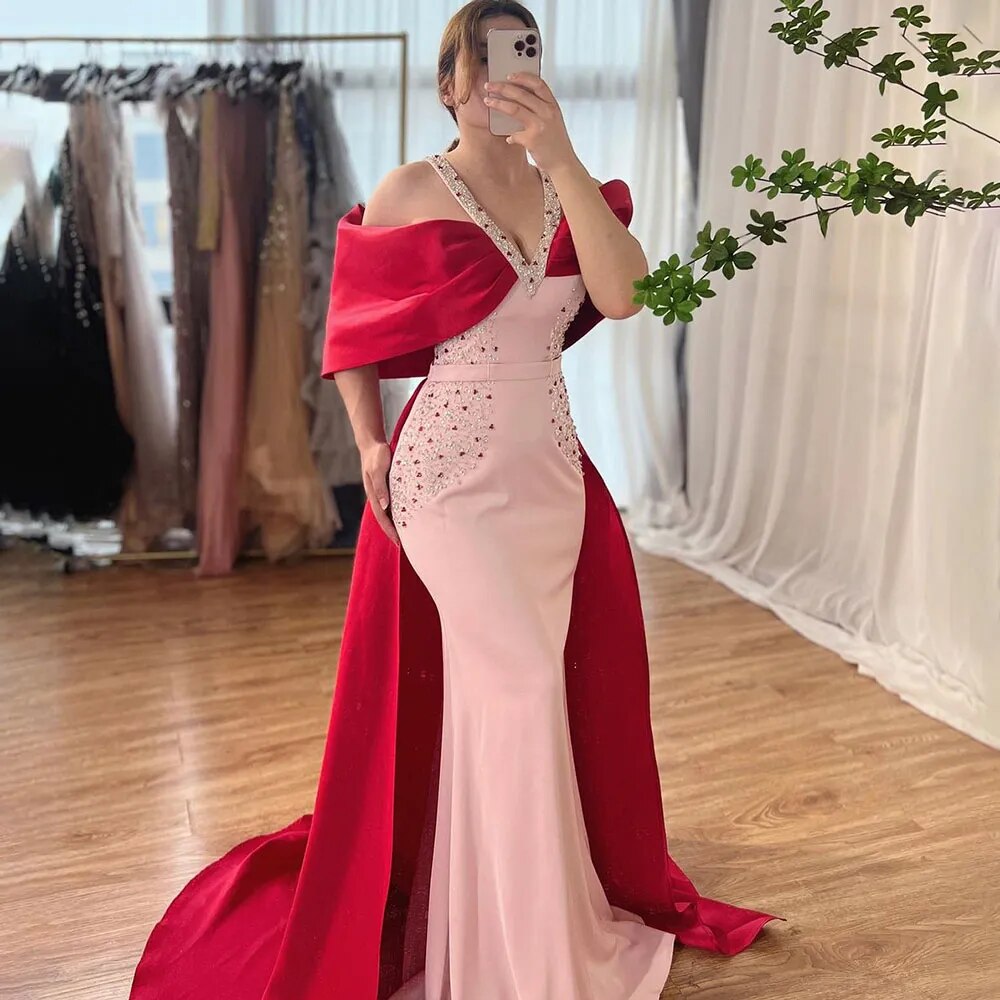 Luxury Arabic Pink Burgundy Mermaid Evening Dress with Cape LA72121