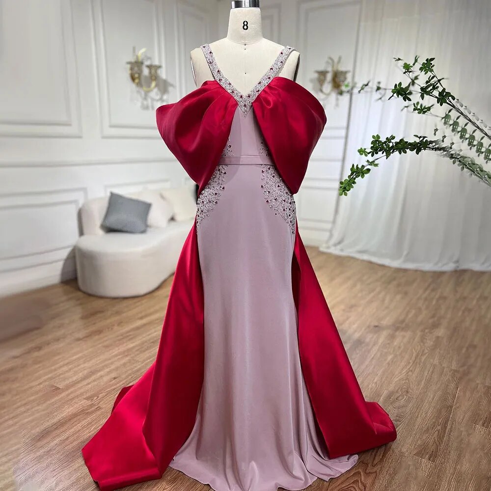Luxury Arabic Pink Burgundy Mermaid Evening Dress with Cape LA72121