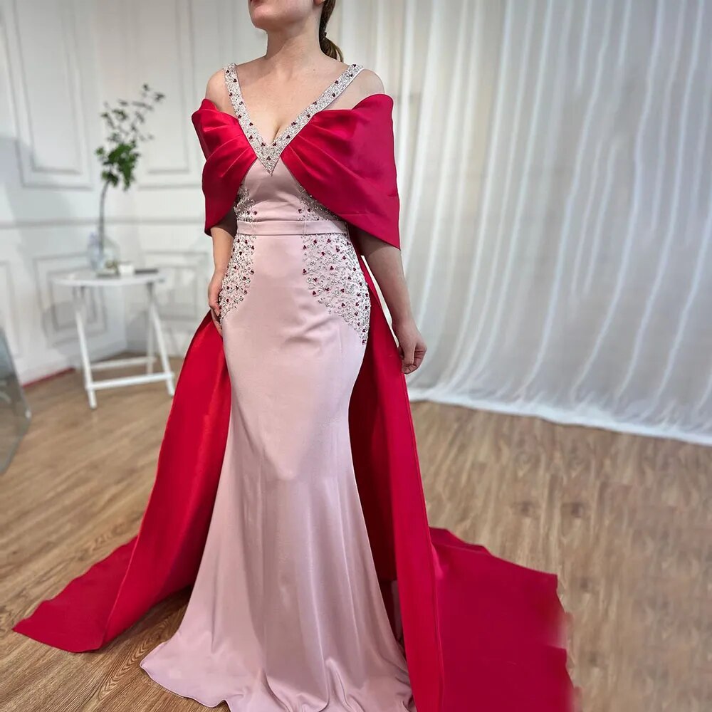 Luxury Arabic Pink Burgundy Mermaid Evening Dress with Cape LA72121