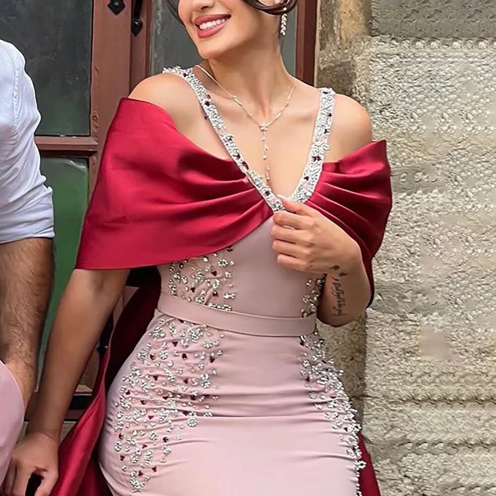 Luxury Arabic Pink Burgundy Mermaid Evening Dress with Cape LA72121