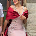 Luxury Arabic Pink Burgundy Mermaid Evening Dress with Cape LA72121
