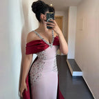 Luxury Arabic Pink Burgundy Mermaid Evening Dress with Cape LA72121