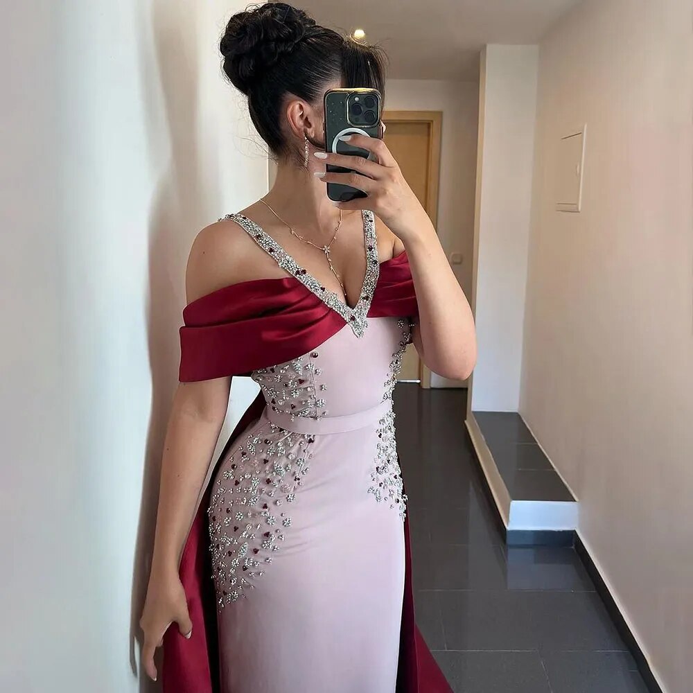Luxury Arabic Pink Burgundy Mermaid Evening Dress with Cape LA72121
