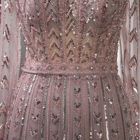 Vestido de noche elegante de sirena rosa con cuello redondo y mangas largas, de lujo, con cuentas, para mujer, fiesta, LA71696 