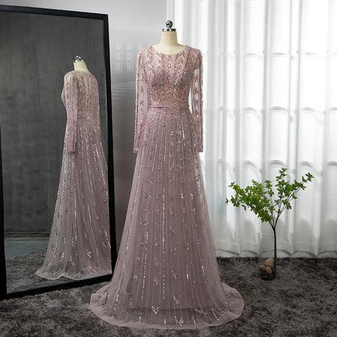 Vestido de noche elegante de sirena rosa con cuello redondo y mangas largas, de lujo, con cuentas, para mujer, fiesta, LA71696 