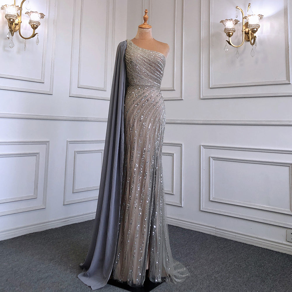 Pink Mermaid Elegant One-Shoulder Cape Sleeve Evening Dresses Gowns 2025 High Split Luxury  Beaded LA71708