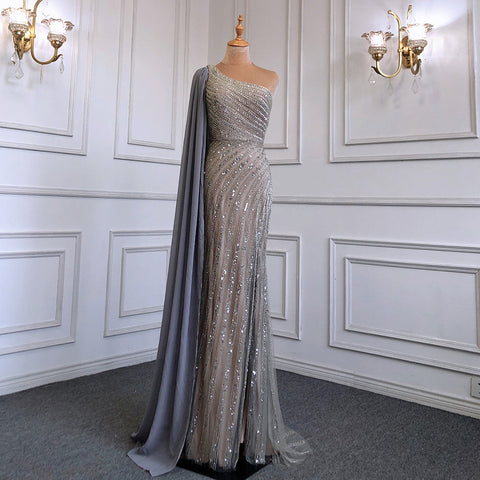 Vestido de noche elegante de sirena rosa con un solo hombro y mangas estilo capa, 2025, abertura alta, de lujo, con cuentas LA71708 