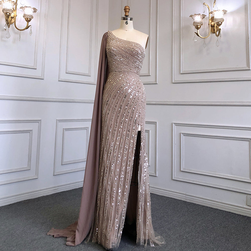 Pink Mermaid Elegant One-Shoulder Cape Sleeve Evening Dresses Gowns 2025 High Split Luxury  Beaded LA71708