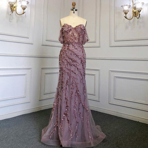 Vestido de noche elegante, sexy y con hombros descubiertos, de sirena rosa, con cuentas y hombros descubiertos para mujer, para fiesta LA71653 