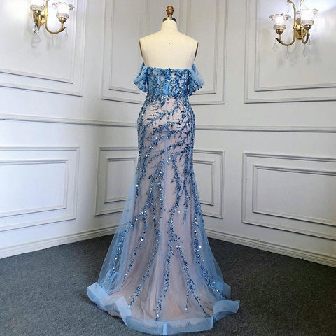 Vestido de noche elegante, sexy y con hombros descubiertos, de sirena rosa, con cuentas y hombros descubiertos para mujer, para fiesta LA71653 