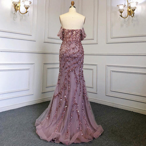 Vestido de noche elegante, sexy y con hombros descubiertos, de sirena rosa, con cuentas y hombros descubiertos para mujer, para fiesta LA71653 