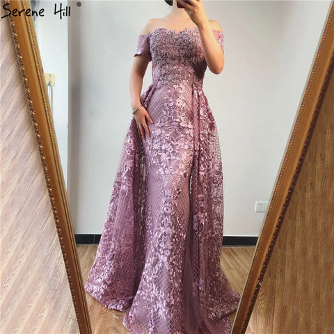 Vestidos de noche elegantes de sirena rosa con mangas cortas y flores, estilo Dubái 2025, sexys, con hombros descubiertos, encaje y cristales, LA70200 