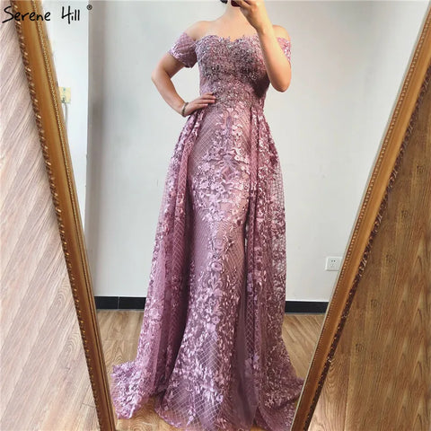 Vestidos de noche elegantes de sirena rosa con mangas cortas y flores, estilo Dubái 2025, sexys, con hombros descubiertos, encaje y cristales, LA70200 