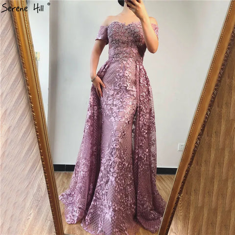 Vestidos de noche elegantes de sirena rosa con mangas cortas y flores, estilo Dubái 2025, sexys, con hombros descubiertos, encaje y cristales, LA70200 