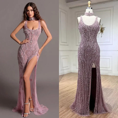 Elegante vestido de noche de sirena rosa, sin mangas, con abertura alta, de lujo, estilo Dubái, para mujer, para boda, fiesta, 2025, LA72259
