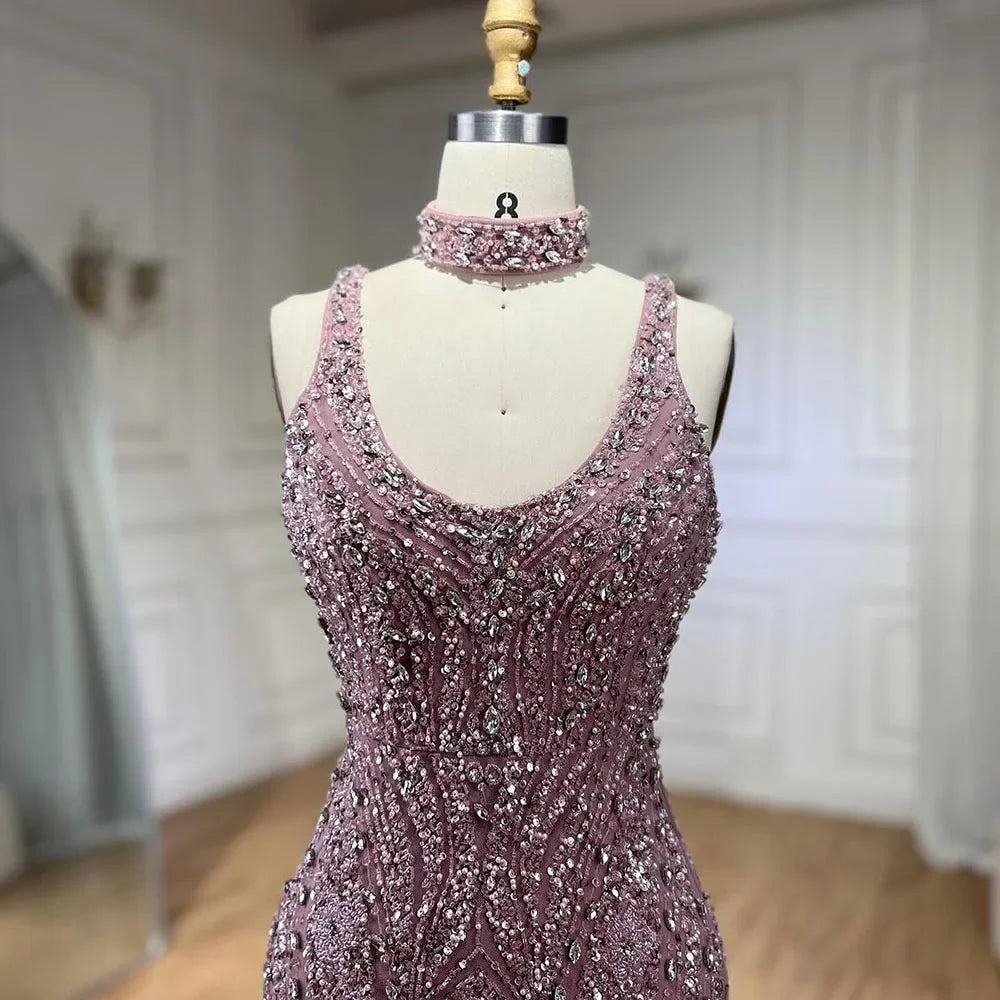Pink Mermaid Elegant Sleeveless High Split Luxury Dubai Evening Dresses Gowns For Women Wedding Party 2025 LA72259