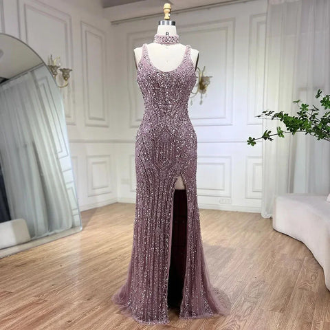 Elegante vestido de noche de sirena rosa, sin mangas, con abertura alta, de lujo, estilo Dubái, para mujer, para boda, fiesta, 2025, LA72259