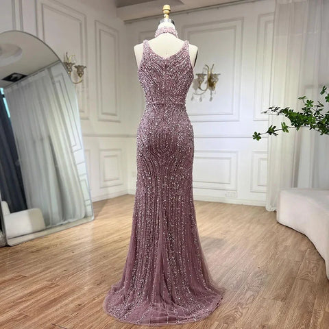 Elegante vestido de noche de sirena rosa, sin mangas, con abertura alta, de lujo, estilo Dubái, para mujer, para boda, fiesta, 2025, LA72259