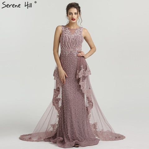 Elegante vestido de noche rosa de sirena, sin mangas, sexy, con perlas, hombros descubiertos, de lujo, con cuentas, LA6527 2025 