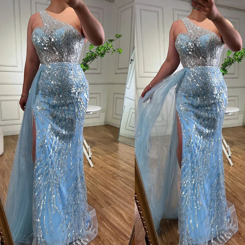 Vestido de noche con sobrefalda de sirena rosa, un hombro, con cuentas, elegante, para mujer, fiesta, LA71616 