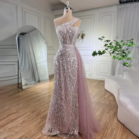 Vestido de noche con sobrefalda de sirena rosa, un hombro, con cuentas, elegante, para mujer, fiesta, LA71616 