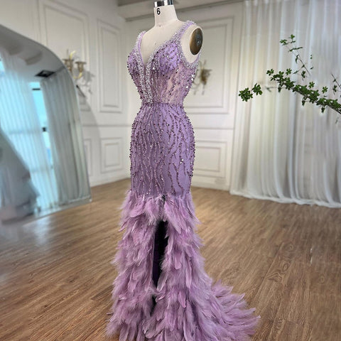 Vestido de noche rosa de sirena, sexy, con escote en V y abertura alta, con plumas y cuentas, largo 2025 para mujer, para fiesta de boda LA72152 
