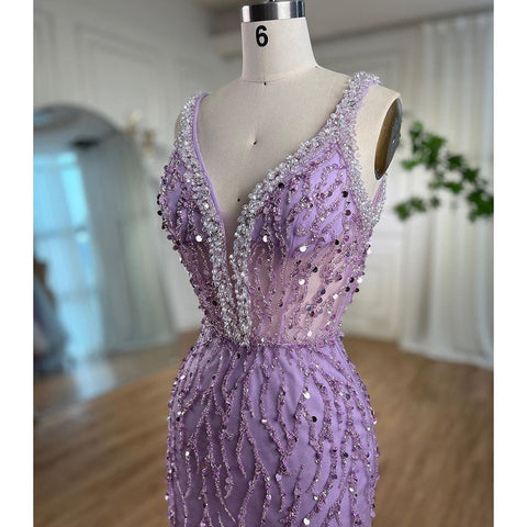 Vestido de noche rosa de sirena, sexy, con escote en V y abertura alta, con plumas y cuentas, largo 2025 para mujer, para fiesta de boda LA72152 