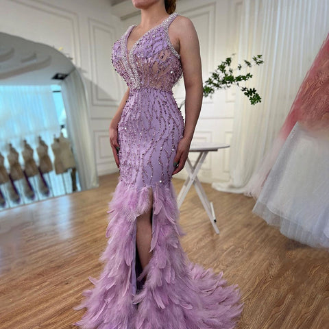 Vestido de noche rosa de sirena, sexy, con escote en V y abertura alta, con plumas y cuentas, largo 2025 para mujer, para fiesta de boda LA72152 