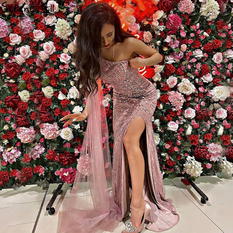 Vestido de noche rosa con escote sirena y abertura, elegante, de un solo hombro y manga larga, para mujer, fiesta, LA71195 