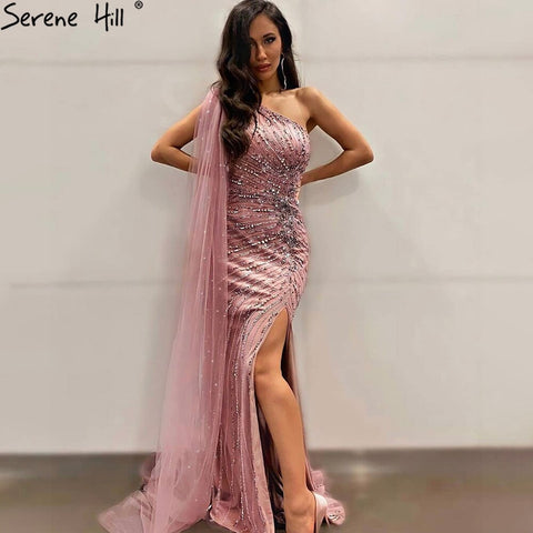 Vestido de noche rosa con escote sirena y abertura, elegante, de un solo hombro y manga larga, para mujer, fiesta, LA71195 