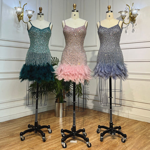 Vestido de noche corto con escote corazón y tirantes finos, corte sirena rosa, con cuentas y plumas, para mujer, 2025, fiesta, LA72039 