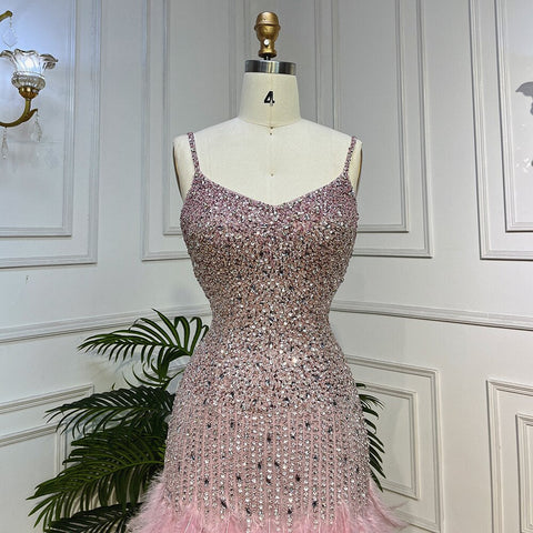 Vestido de noche corto con escote corazón y tirantes finos, corte sirena rosa, con cuentas y plumas, para mujer, 2025, fiesta, LA72039 