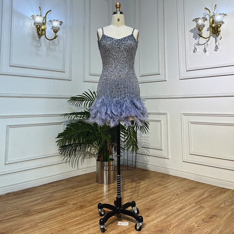 Vestido de noche corto con escote corazón y tirantes finos, corte sirena rosa, con cuentas y plumas, para mujer, 2025, fiesta, LA72039 