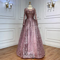 Pink Muslim A Line Long Sleeves Evening Dresses Arabic Luxury Beaded Gowns 2025 For Women Wedding Party LA70552A