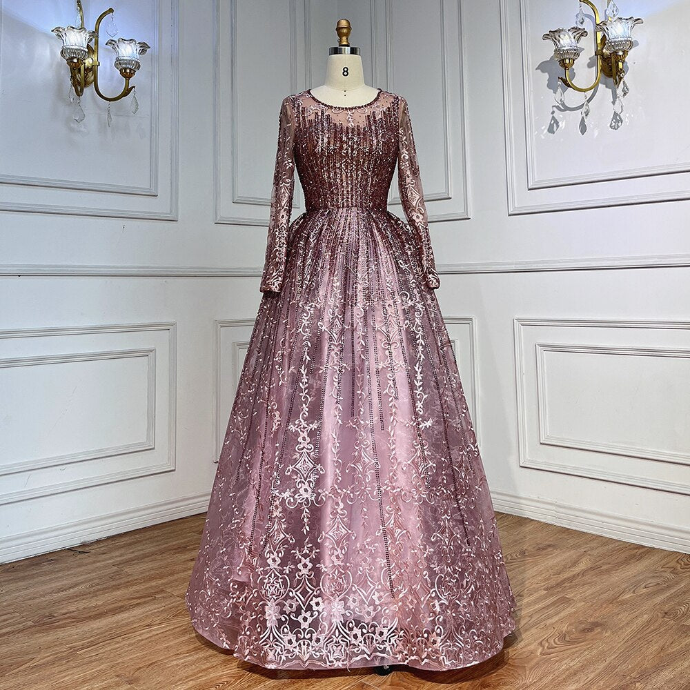 Pink Muslim A Line Long Sleeves Evening Dresses Arabic Luxury Beaded Gowns 2025 For Women Wedding Party LA70552A
