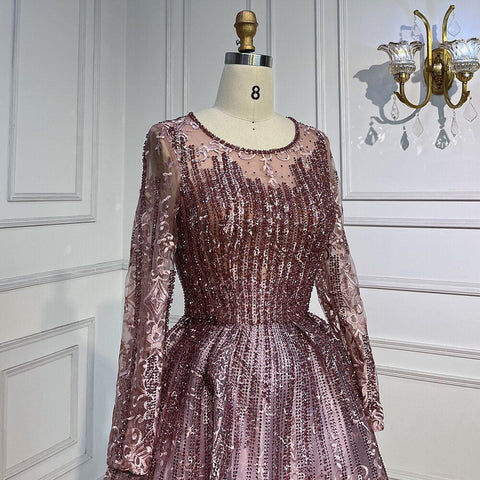 Vestidos de noche musulmanes rosas de corte A con mangas largas, vestidos árabes de lujo con cuentas 2025 para mujeres, bodas y fiestas LA70552A 