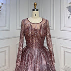 Pink Muslim A Line Long Sleeves Evening Dresses Arabic Luxury Beaded Gowns 2025 For Women Wedding Party LA70552A