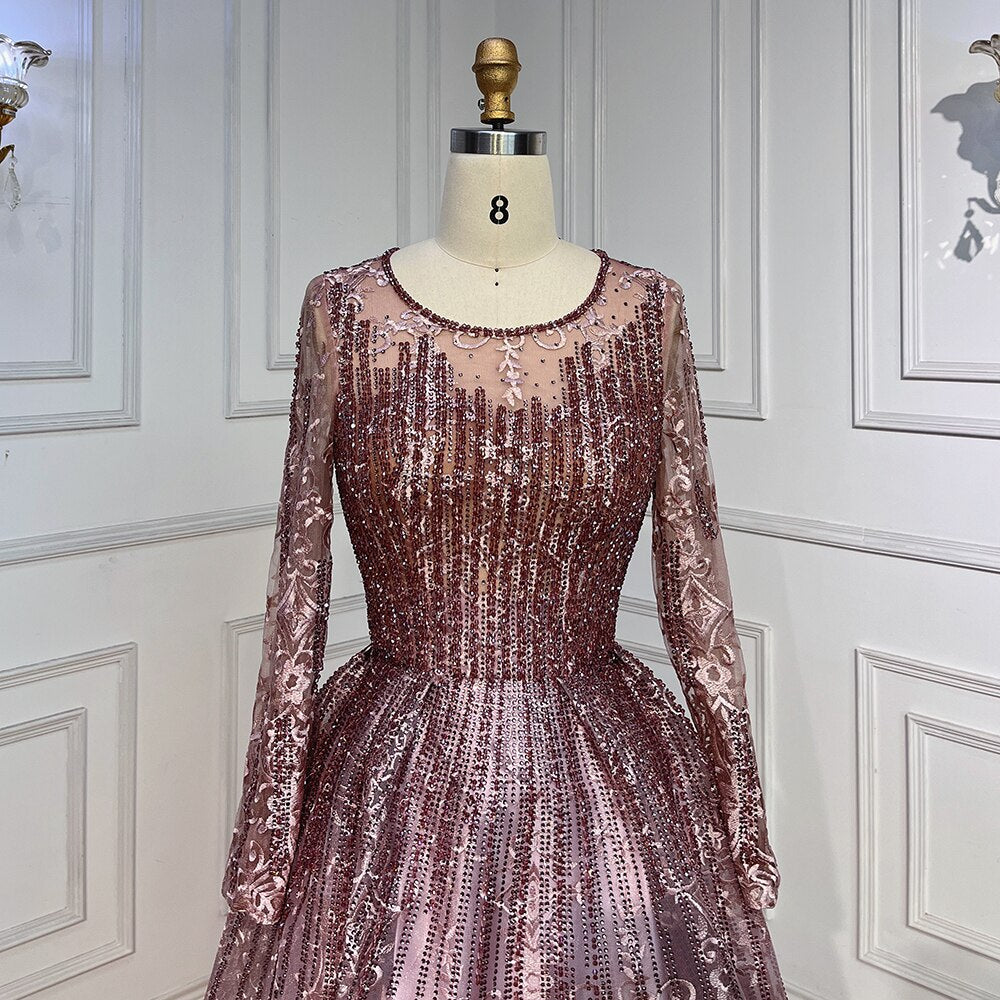 Pink Muslim A Line Long Sleeves Evening Dresses Arabic Luxury Beaded Gowns 2025 For Women Wedding Party LA70552A